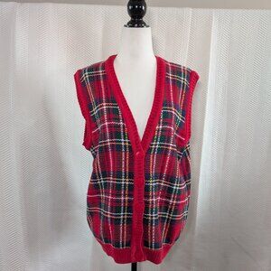 Northern Reflections Red Plaid Tartan Knit Sweater Vest Large Vintage Grandma
